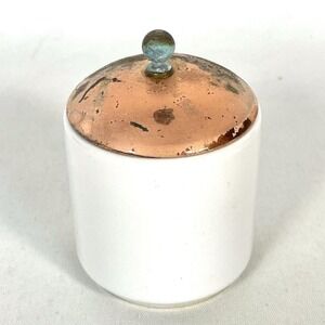 Vintage White Ceramic Mini Canister Copper Lid Patina Cream Sugar Jar
